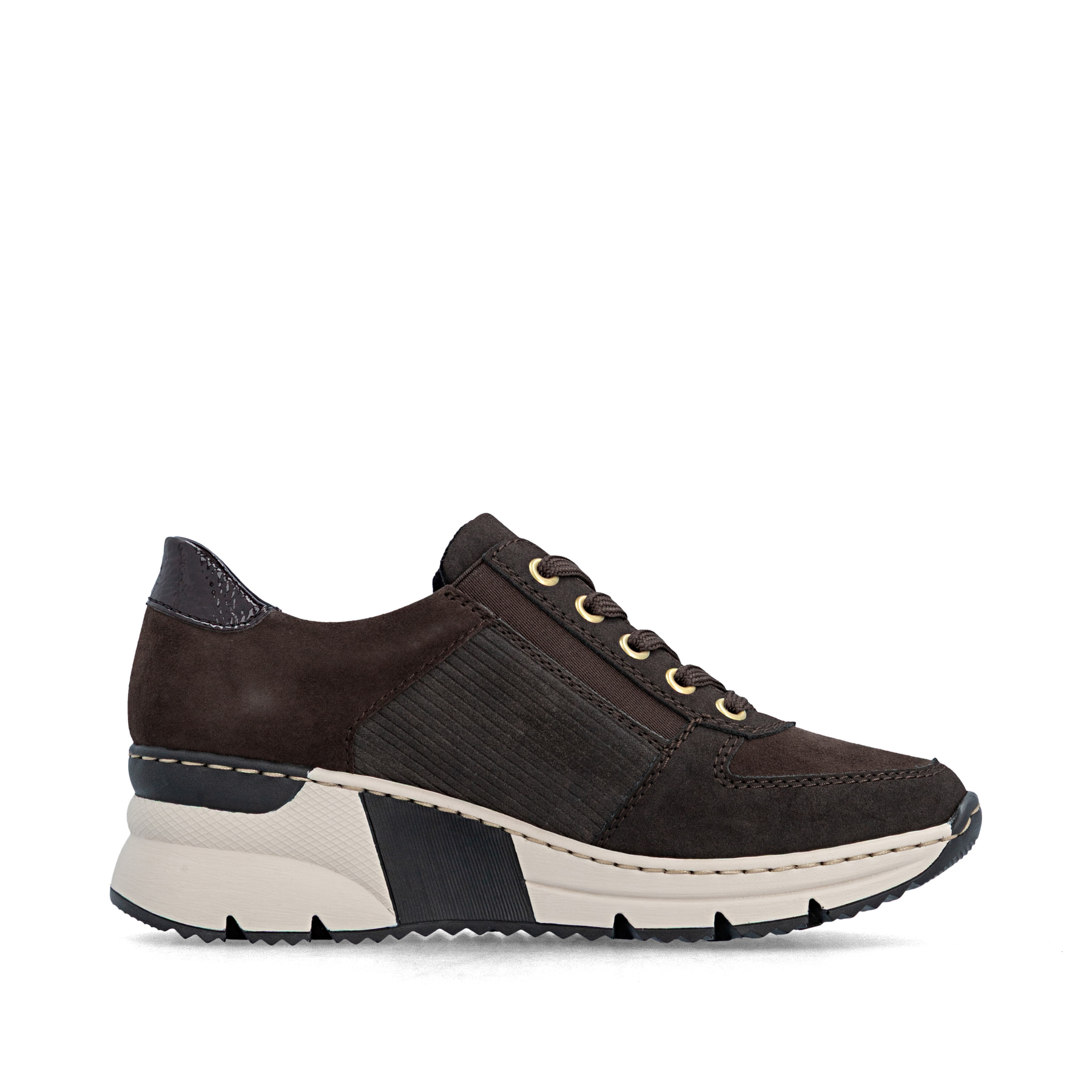 Dunkelbraune Rieker Damen Sneaker Low N6314-25 mit einem Reißverschluss. Schuh Innenseite.