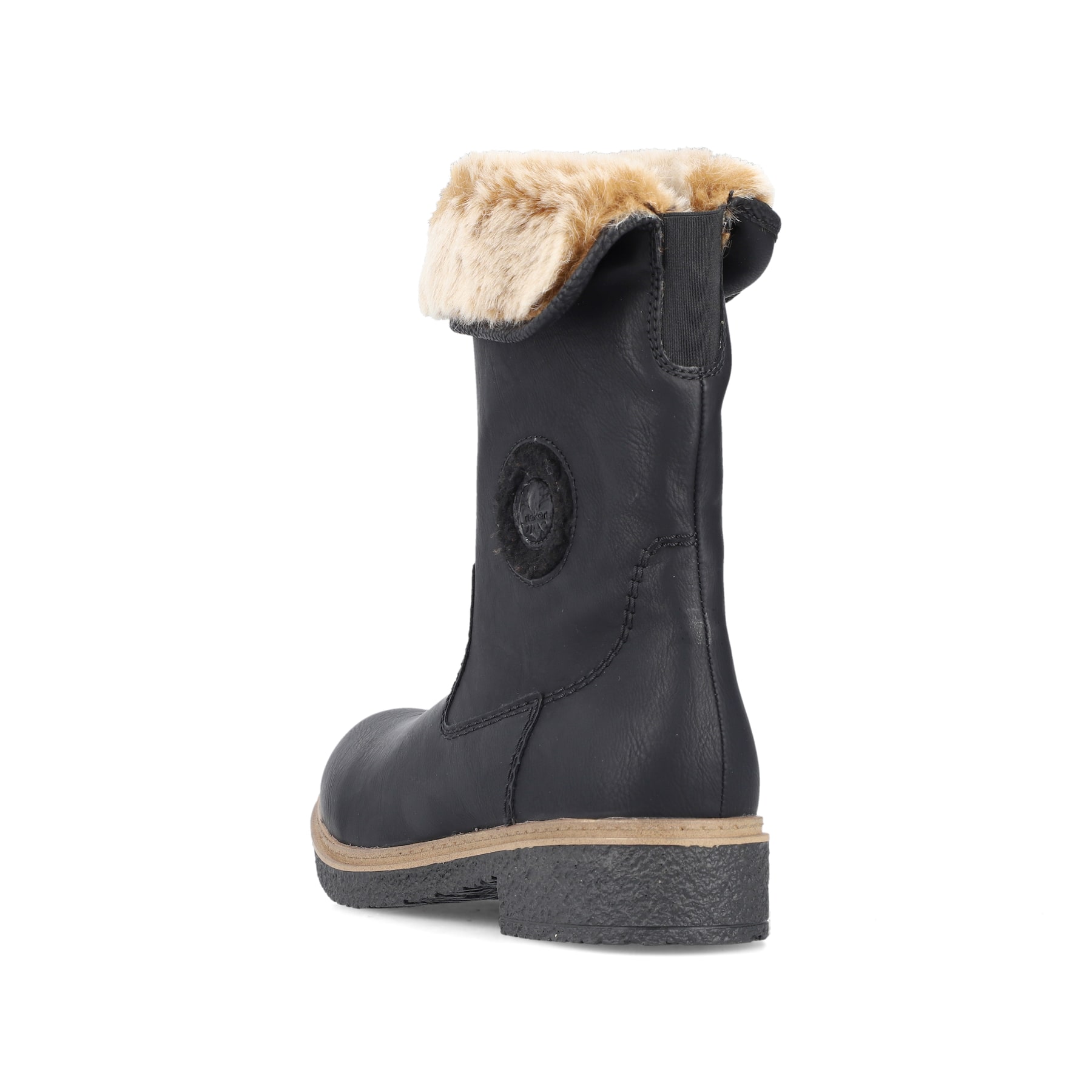 Schwarze Rieker Damen Kurzstiefel Z5054-00 mit Fellkragen sowie Reißverschluss. Schuh von oben.