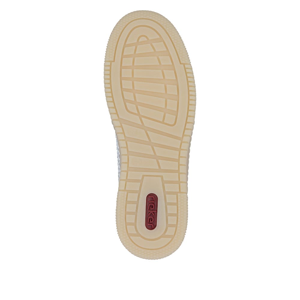 Beige Rieker Damen Sneaker Low M5521-90 mit metallischem Finish sowie Schnürung. Schuh Laufsohle.