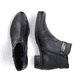 Schwarze Rieker Damen Stiefeletten Y0783-00 mit Deko-Kette sowie Reißverschluss. Schuh von oben, liegend.