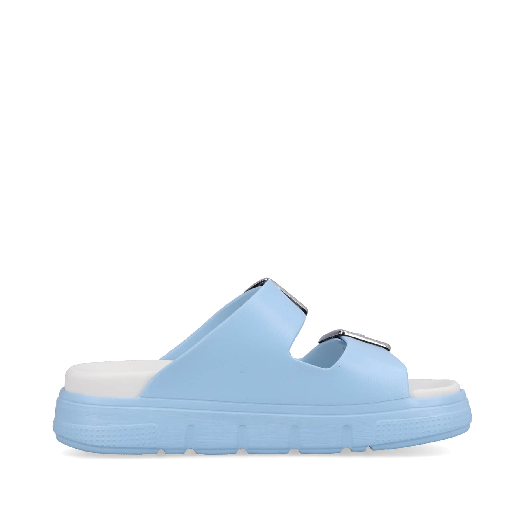 Blaue Rieker Damen Pantoletten P2180-10 mit Schnallen sowie ultraleichter Sohle. Schuh Innenseite.