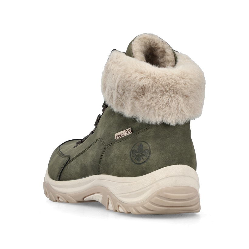 Grüne Rieker Damen Schnürstiefel M9610-54 mit wasserabweisender TEX-Membran. Schuh von hinten.