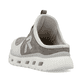 Graue Rieker Damen Clogs M6069-45 mit einem Gummizug sowie einer flexiblen Sohle. Schuh von hinten.