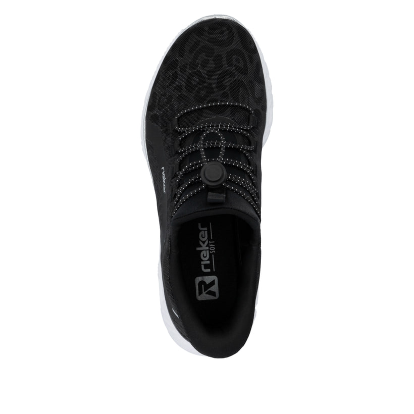 Schwarze Rieker Damen Sneaker Low M6066-01 mit Gummizug sowie flexibler Sohle. Schuh von oben.