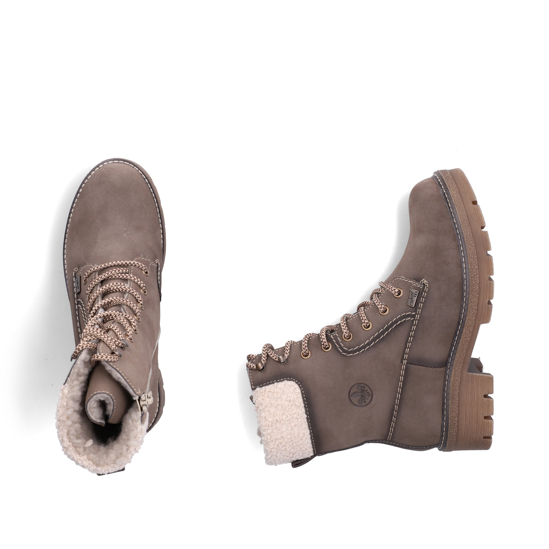 Braun-beige Rieker Damen Schnürstiefel Y8119-25 mit Teddyfell-Kragen. Schuh von oben, liegend.