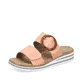 Orangene Rieker Damen Pantoletten V0692-38 mit einem Klettverschluss. Schuh seitlich schräg.