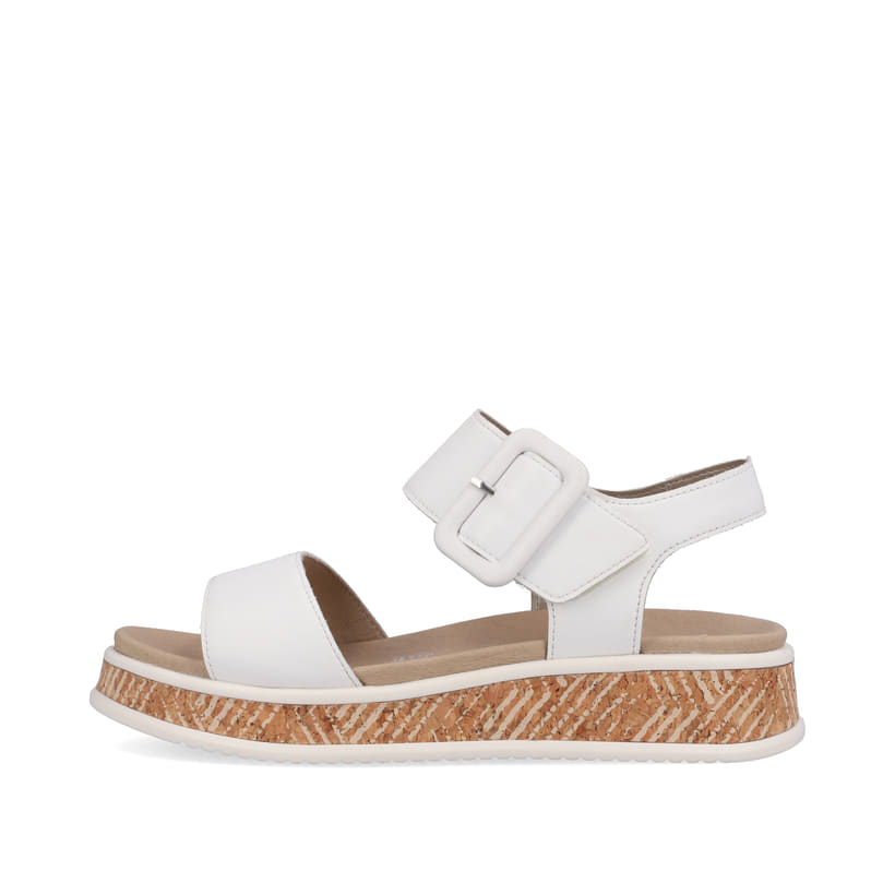 Weiße Rieker Damen Riemchensandalen W0800-80 mit einer Plateausohle. Schuh Außenseite.