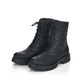 
Graphitschwarze Rieker Damen Biker Boots Z9120-00 mit einer robusten Profilsohle. Schuhpaar schräg.