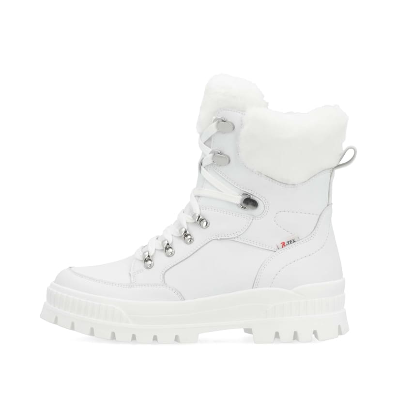 Weiße Rieker Damen Schnürstiefel W2174-80 mit wasserabweisender TEX-Membran. Schuh Außenseite.