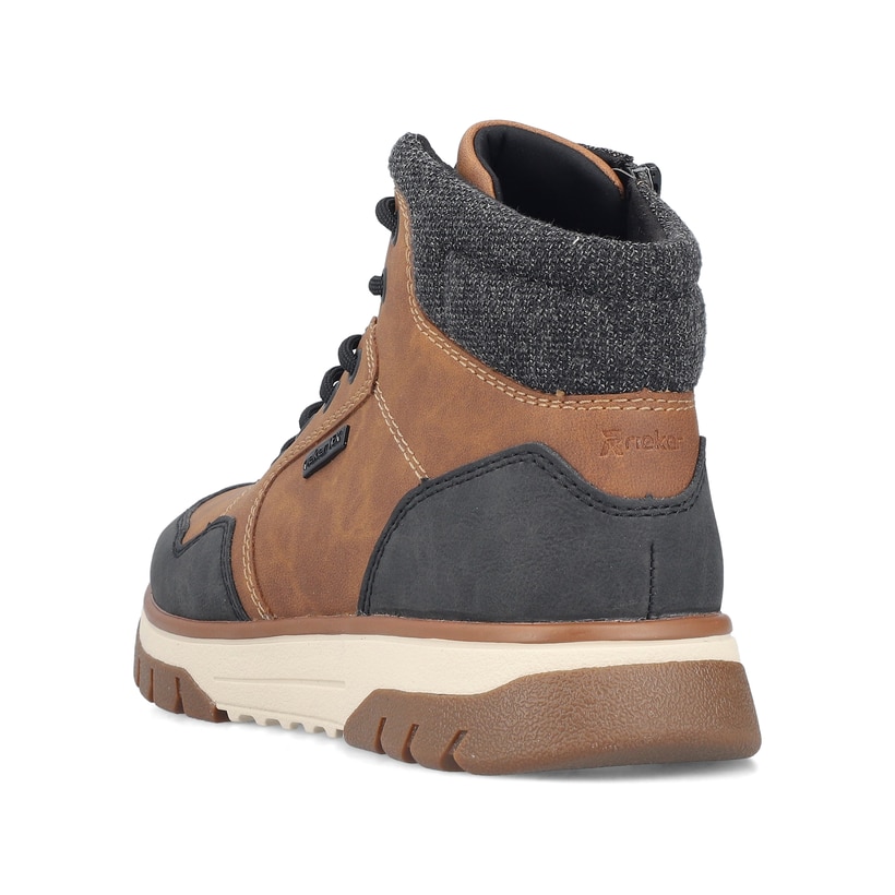 Schwarz-braune Rieker Herren Schnürstiefel B9340-24 mit einem Reißverschluss. Schuh von hinten.