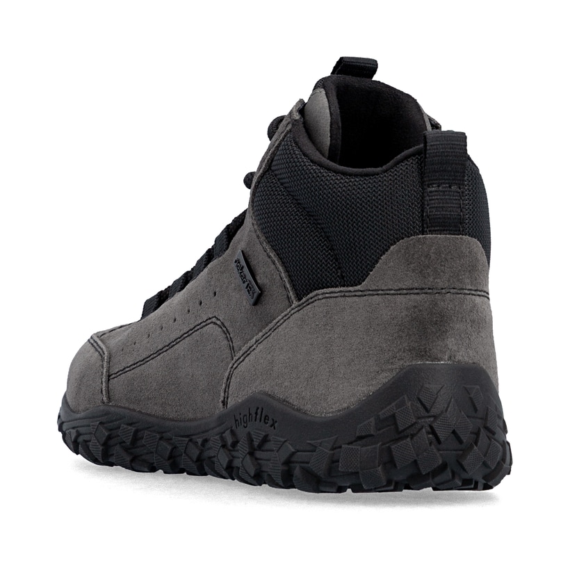 Dunkelgraue Rieker Herren Schnürstiefel 08102-45 aus Rauleder. Schuh von hinten.
