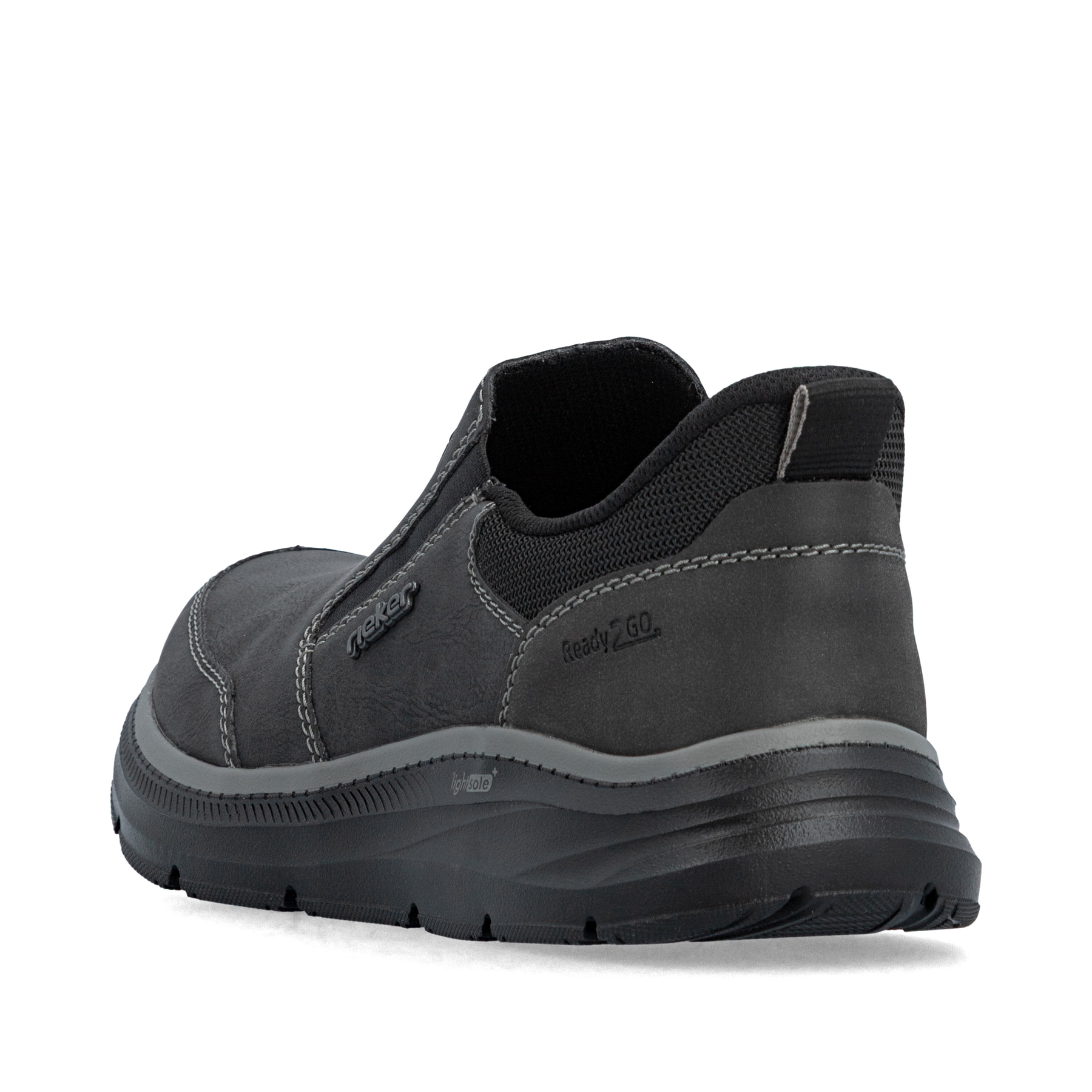 Schwarze Rieker Herren Slipper B1851-00 mit Ready2GO Schnell-Anziehfunktion. Schuh von hinten.