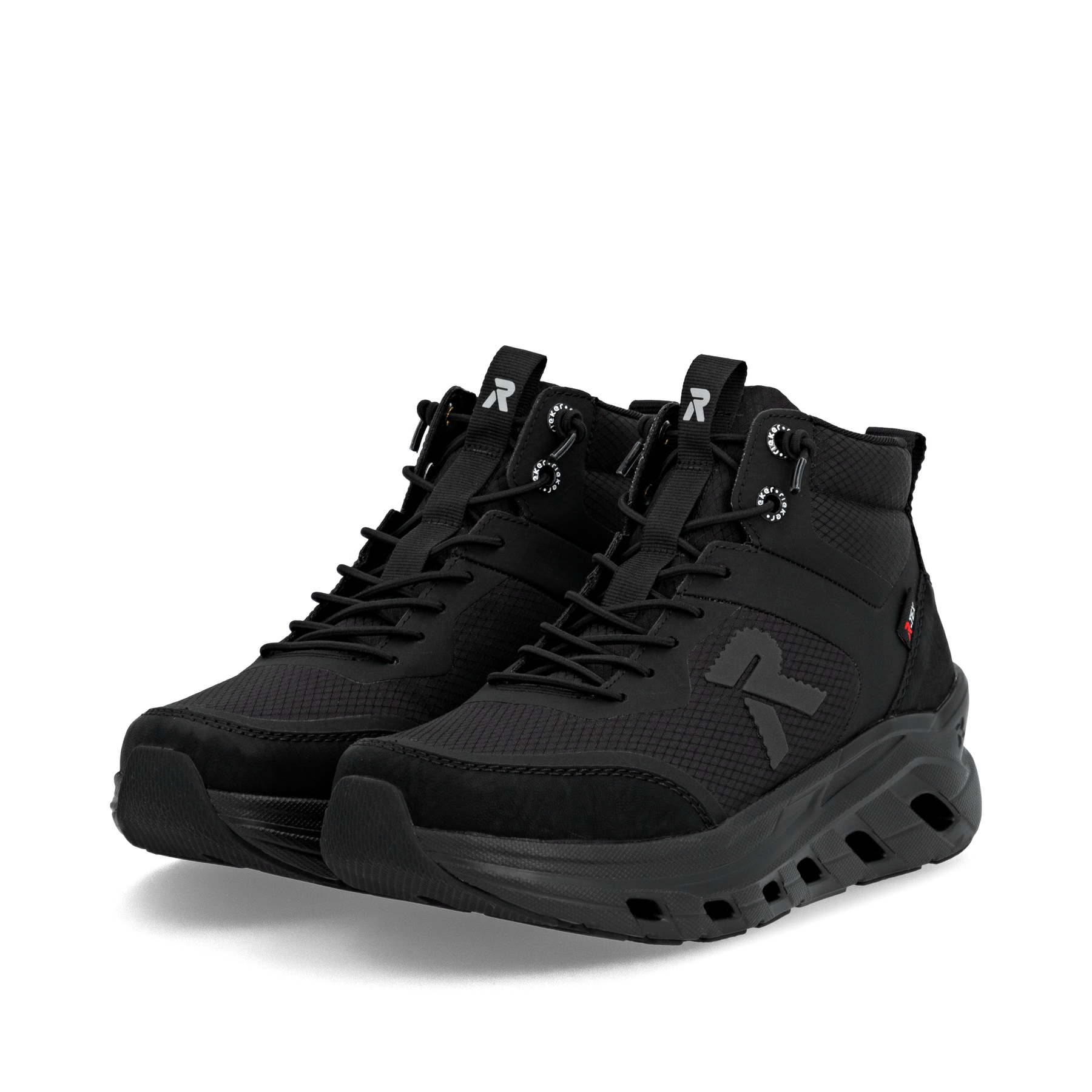 Schwarze Rieker Damen Sneaker High W3570-01 mit wasserabweisender TEX-Membran. Schuhpaar seitlich schräg.