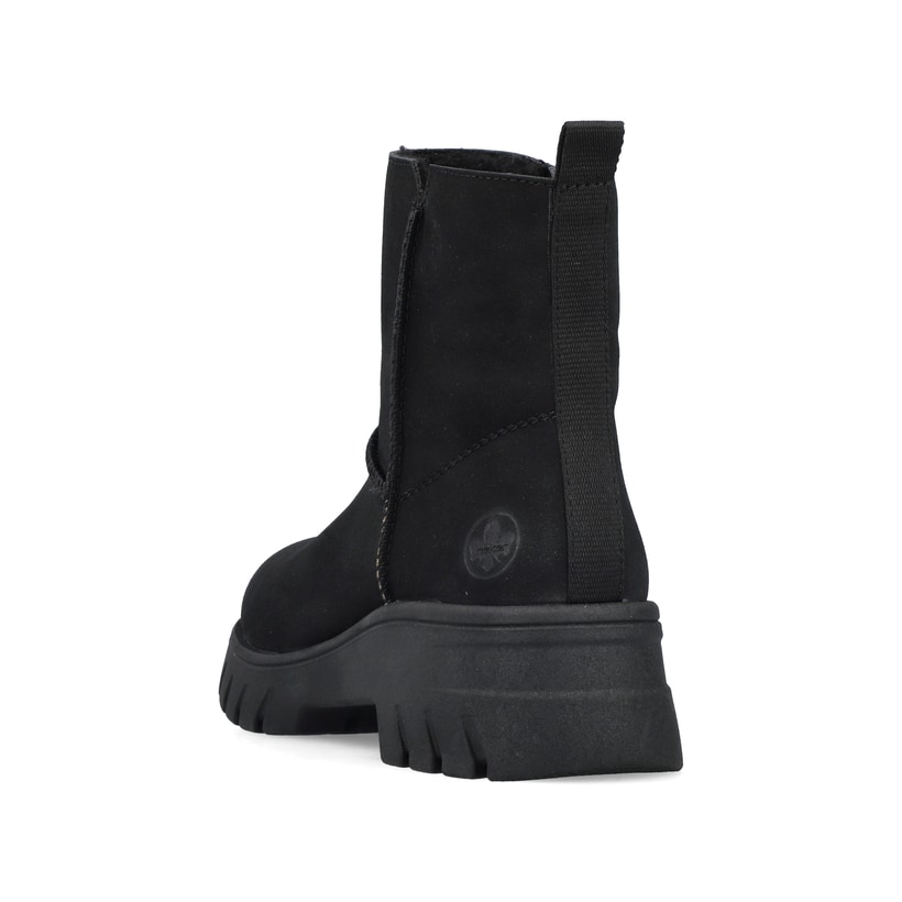 Schwarze Rieker Damen Kurzstiefel 71864-00 mit einem Reißverschluss. Schuh von hinten.