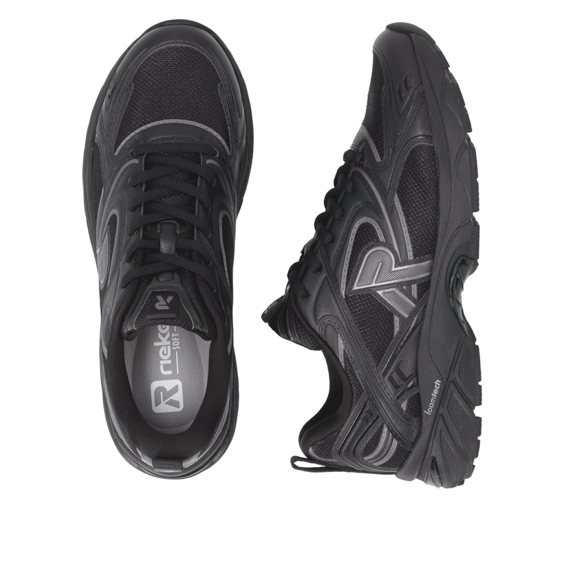 Schwarze Rieker Sport Damen Sneaker Low W4202-00. Schuh von oben, liegend.