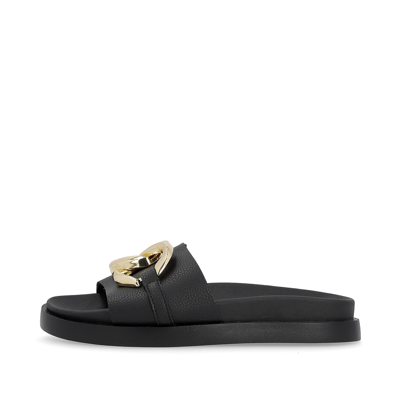 Schwarze Rieker Damen Pantoletten W1452-00 mit ultra leichter Sohle. Schuh Außenseite.