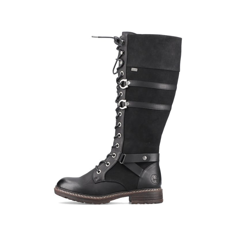 
Nachtschwarze Rieker Damen Kurzstiefel 94689-00 mit einer Profilsohle mit Blockabsatz. Schuh seitlich schräg