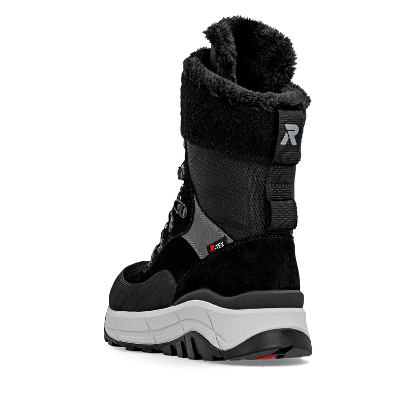 Schwarze Rieker Damen Schnürstiefel W0066-00 mit wasserabweisender TEX-Membran. Schuh von hinten.