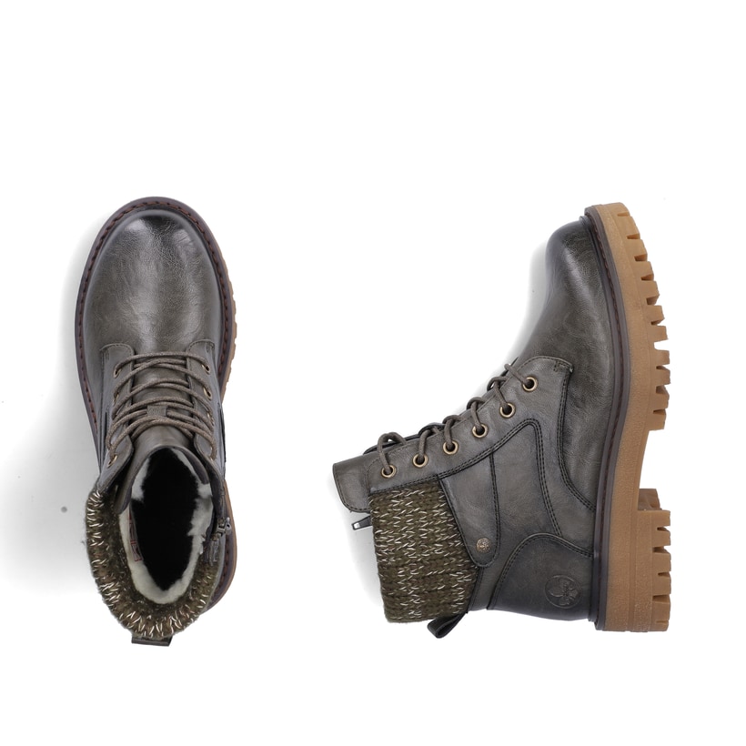 Dunkelgrüne Rieker Damen Schnürstiefel 92920-54 mit einem Reißverschluss. Schuh von oben, liegend.