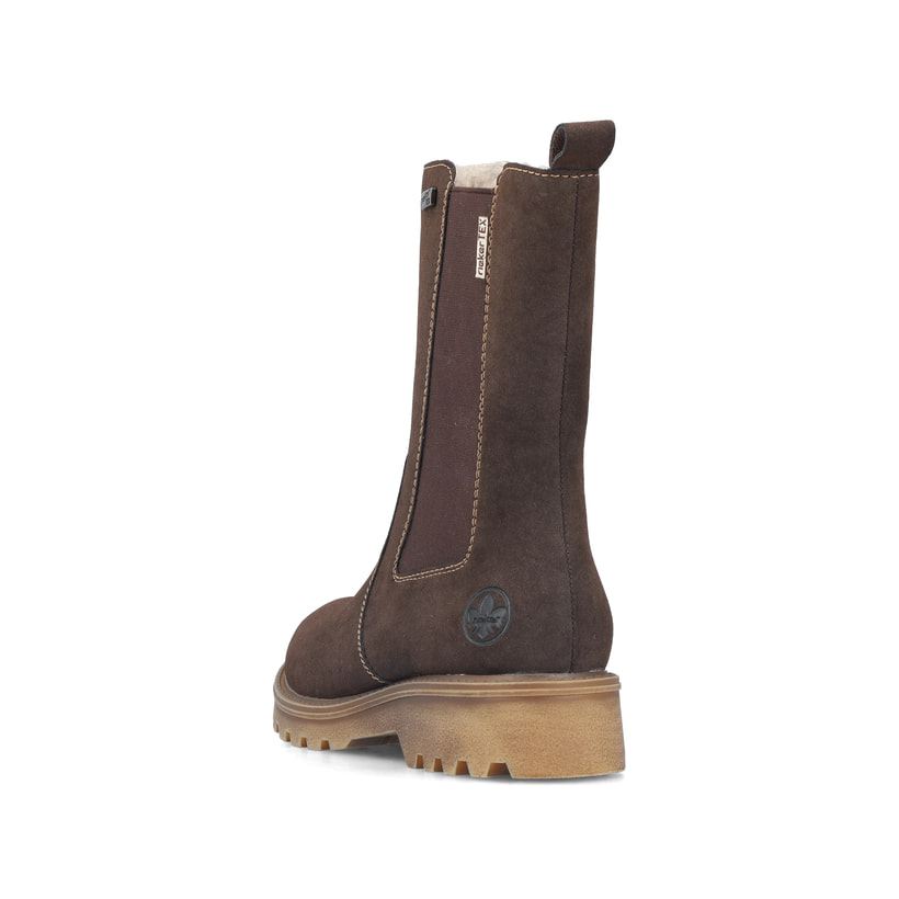 Dunkelbraune Rieker Damen Chelsea Boots 73260-25 mit einem Reißverschluss. Schuh von hinten.