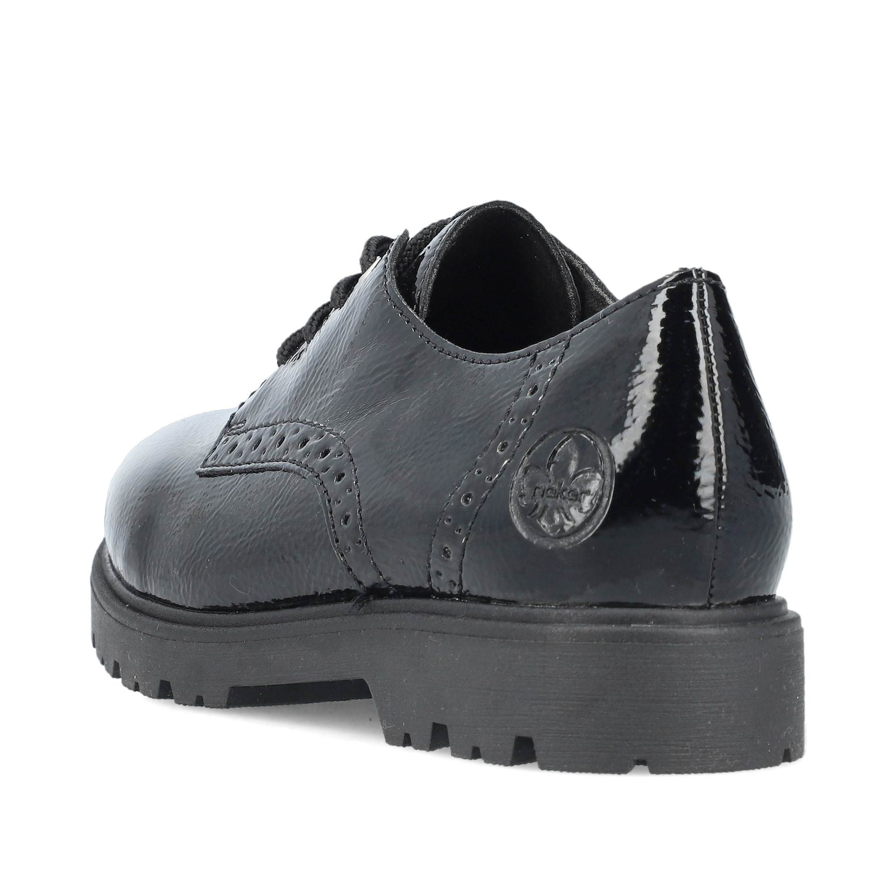 Schwarze Rieker Damen Schnürschuhe 45502-00 mit einer extra weichen Decksohle. Schuh von hinten.