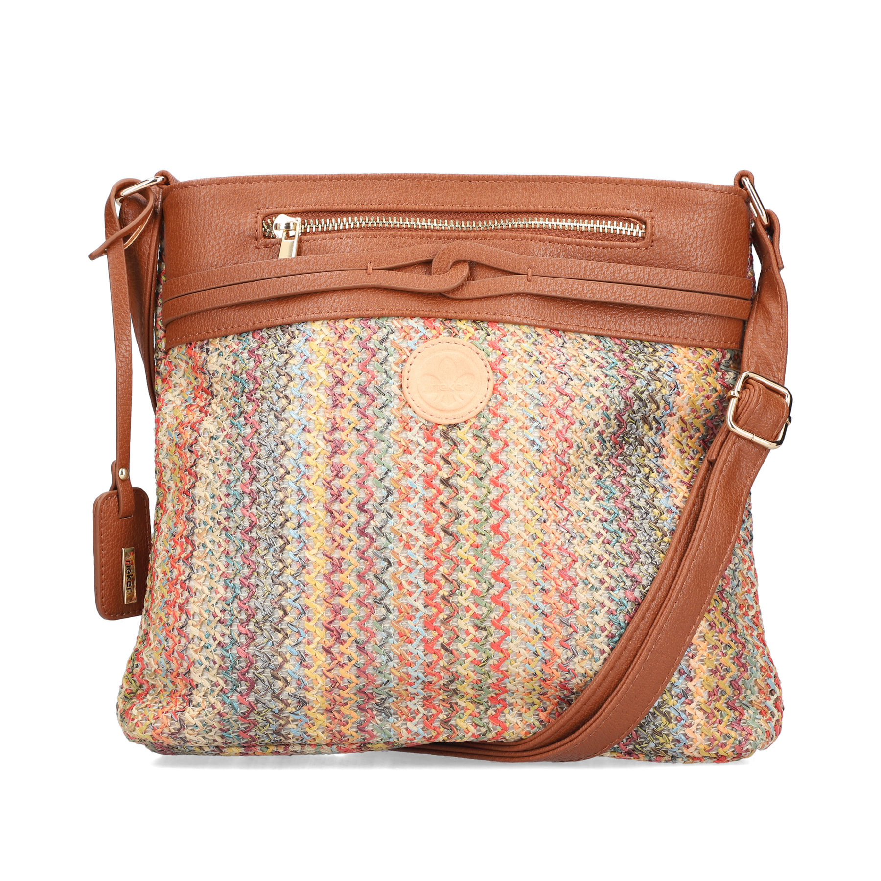 Sac à bandoulière Rieker H1519-90 multi avec un aspect tissé coloré et deux compartiments principaux. Face avant.