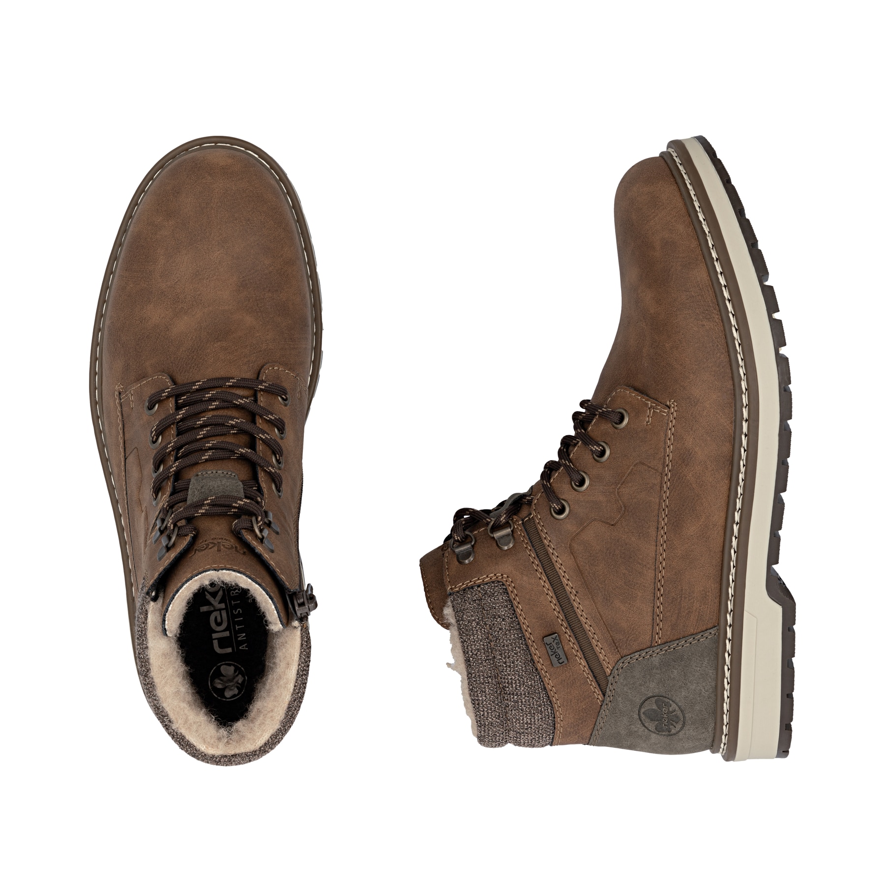 Dunkelbraune Rieker Herren Schnürstiefel F3811-24 mit einem Reißverschluss. Schuh von oben, liegend.