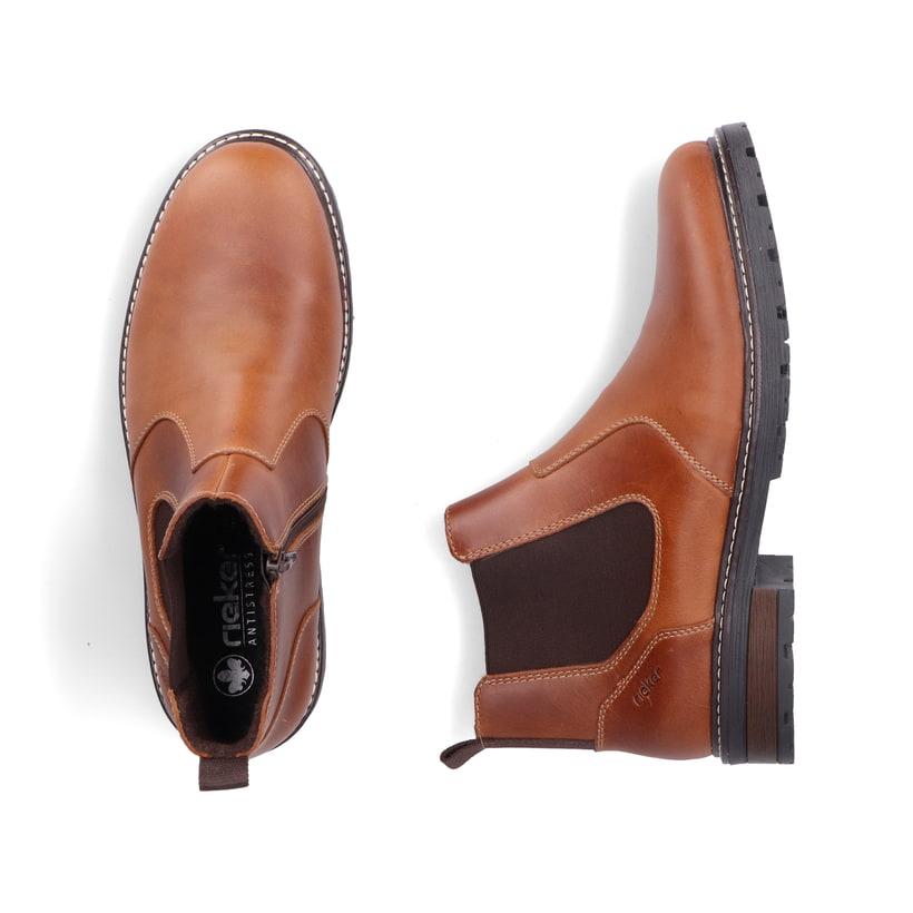 Braune Rieker Herren Chelsea Boots 32052-24 aus Glattleder mit Reißverschluss. Schuh von oben, liegend.