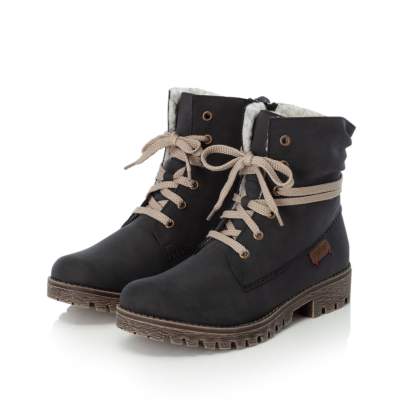 Ozeanblaue Rieker Damen Schnürstiefel 78550-14 mit einem Reißverschluss. Schuhpaar seitlich schräg.