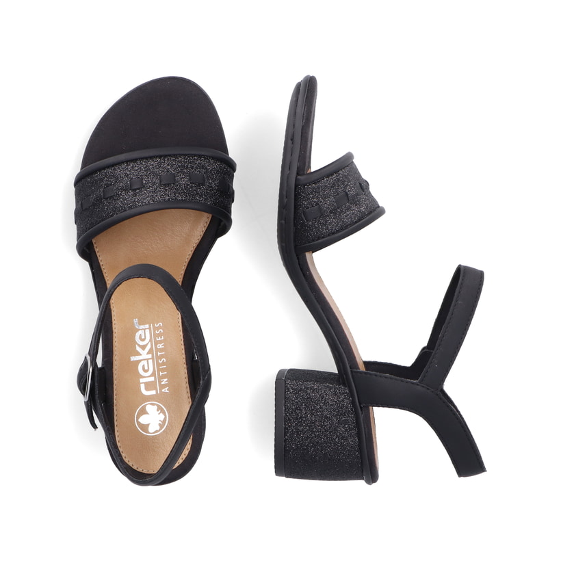 Asphaltschwarze Rieker Riemchensandaletten 64653-00 mit einer Schnalle. Schuh von oben, liegend.