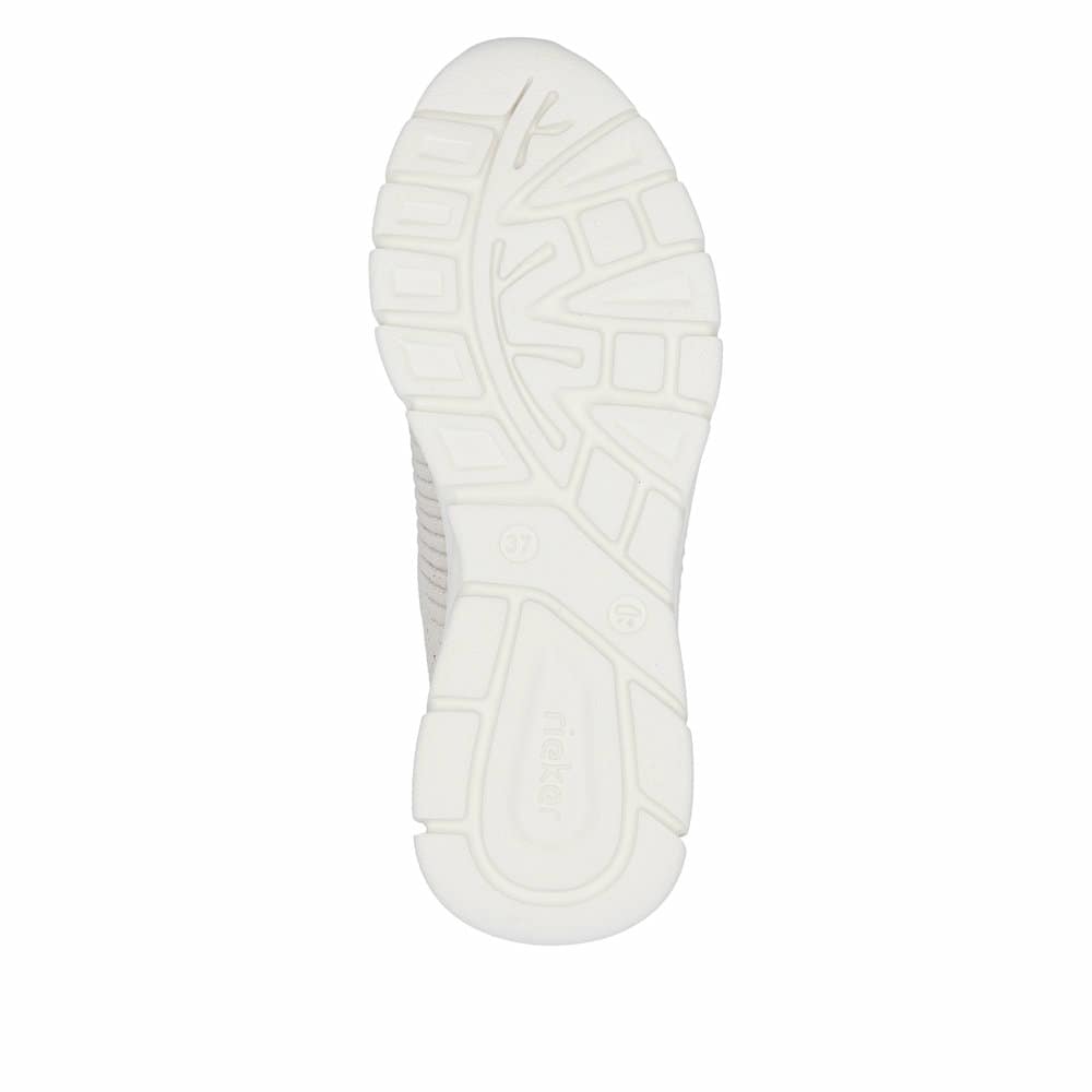 Baskets basses Rieker blanches végétaliennes femme 54022-80 avec lacets. Semelle extérieure de la chaussure.