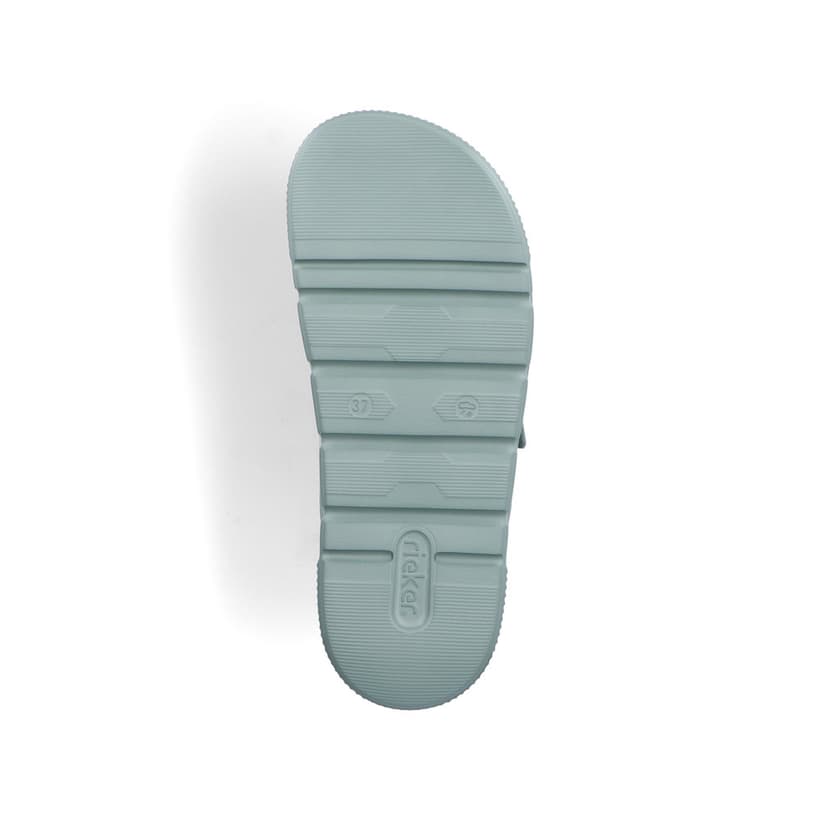 Grüne Rieker Damen Pantoletten P2180-52 mit Schnalle sowie einer flexiblen Sohle. Schuh Laufsohle.