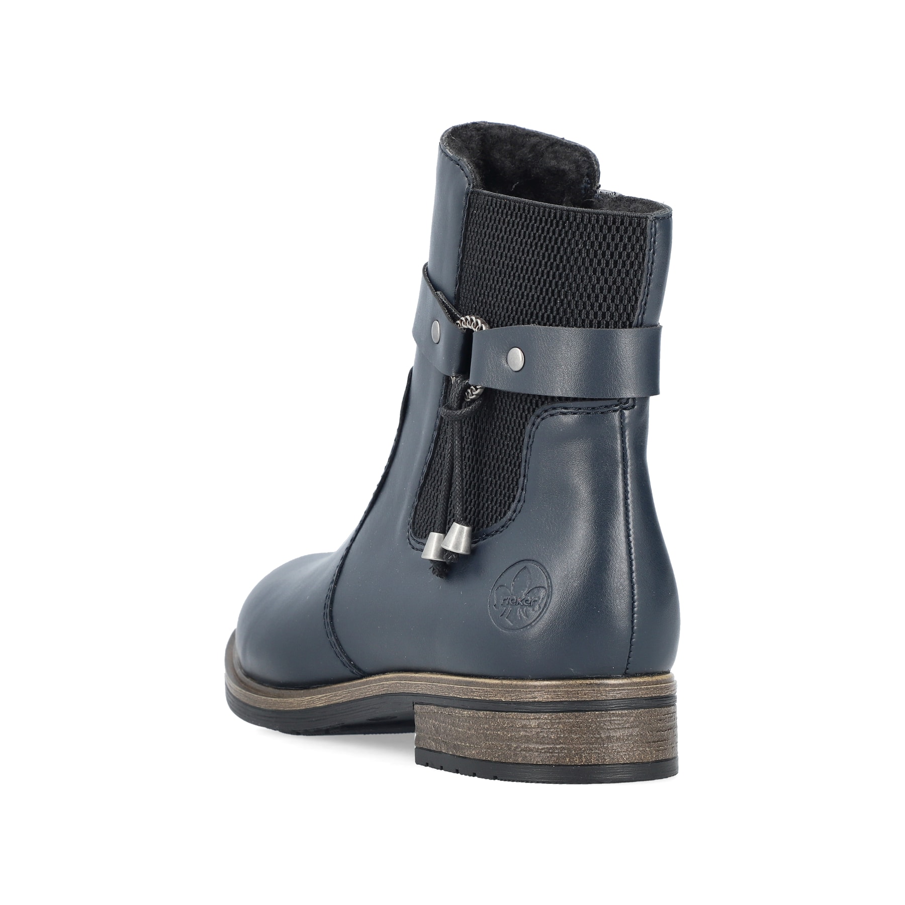 Dunkelblaue Rieker Damen Stiefeletten 72258-14 mit modischer Kordel. Schuh von hinten.