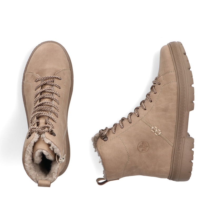 Beige Rieker Damen Schnürstiefel N0036-20 mit einem Reißverschluss. Schuh von oben, liegend.