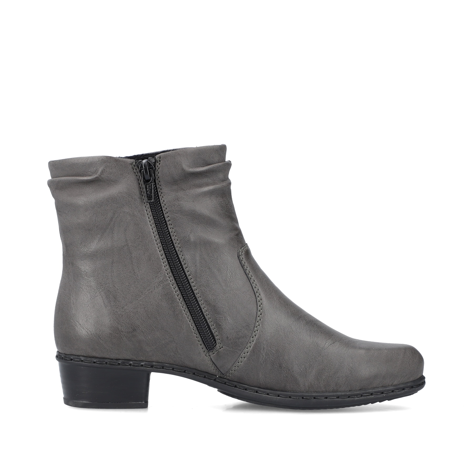 Mondgraue Rieker Damen Stiefeletten Y0741-45 mit Reißverschluss sowie Blockabsatz. Schuh von hinten
