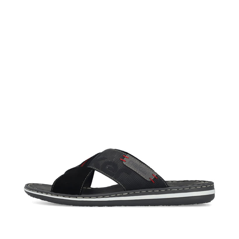 Schwarze Rieker Herren Pantoletten 21098-02 mit der Komfortweite G. Schuh Außenseite.