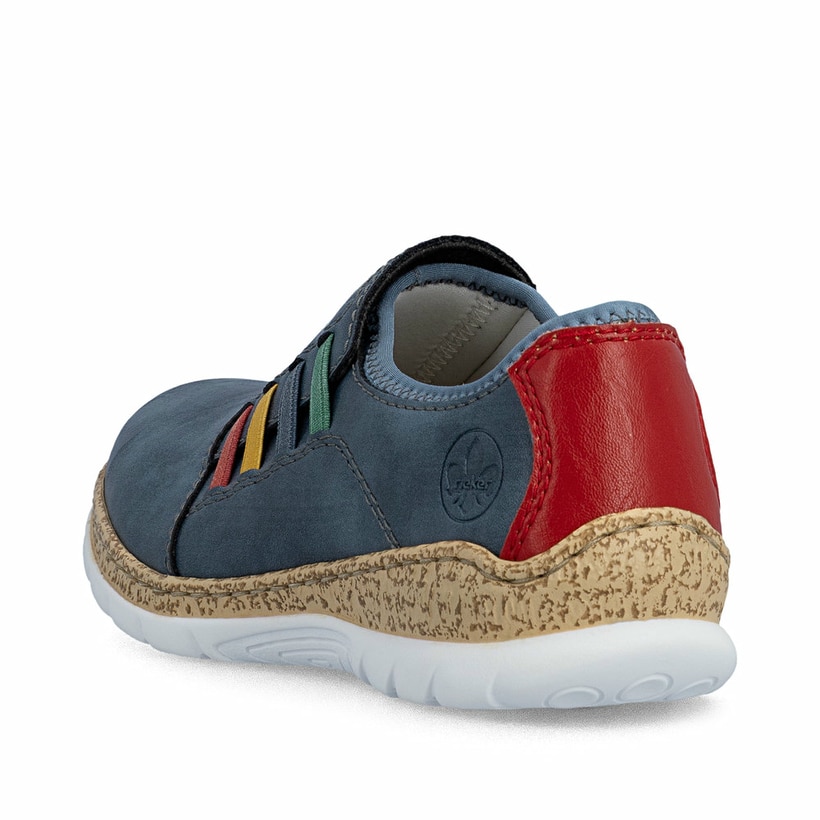 Blaue Rieker Damen Slipper N4264-14 mit einem Gummizug. Schuh von hinten.