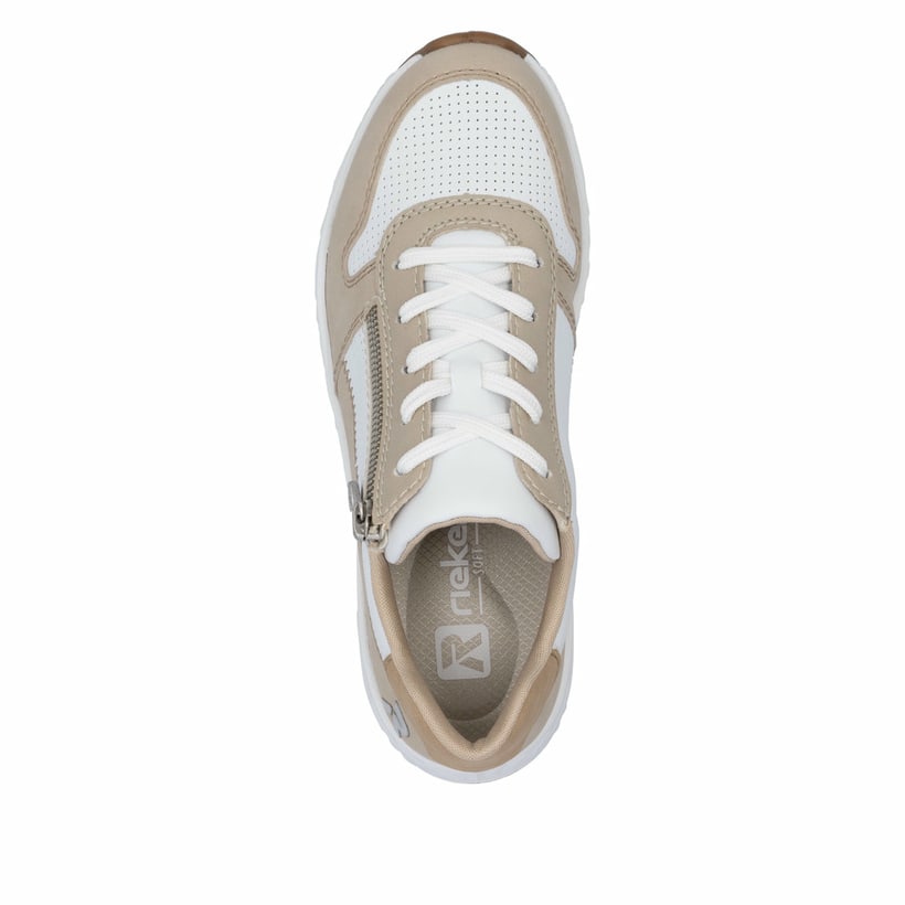 Weiße Rieker Damen Sneaker Low N5204-80 mit Reißverschluss sowie flexibler Sohle. Schuh von oben.