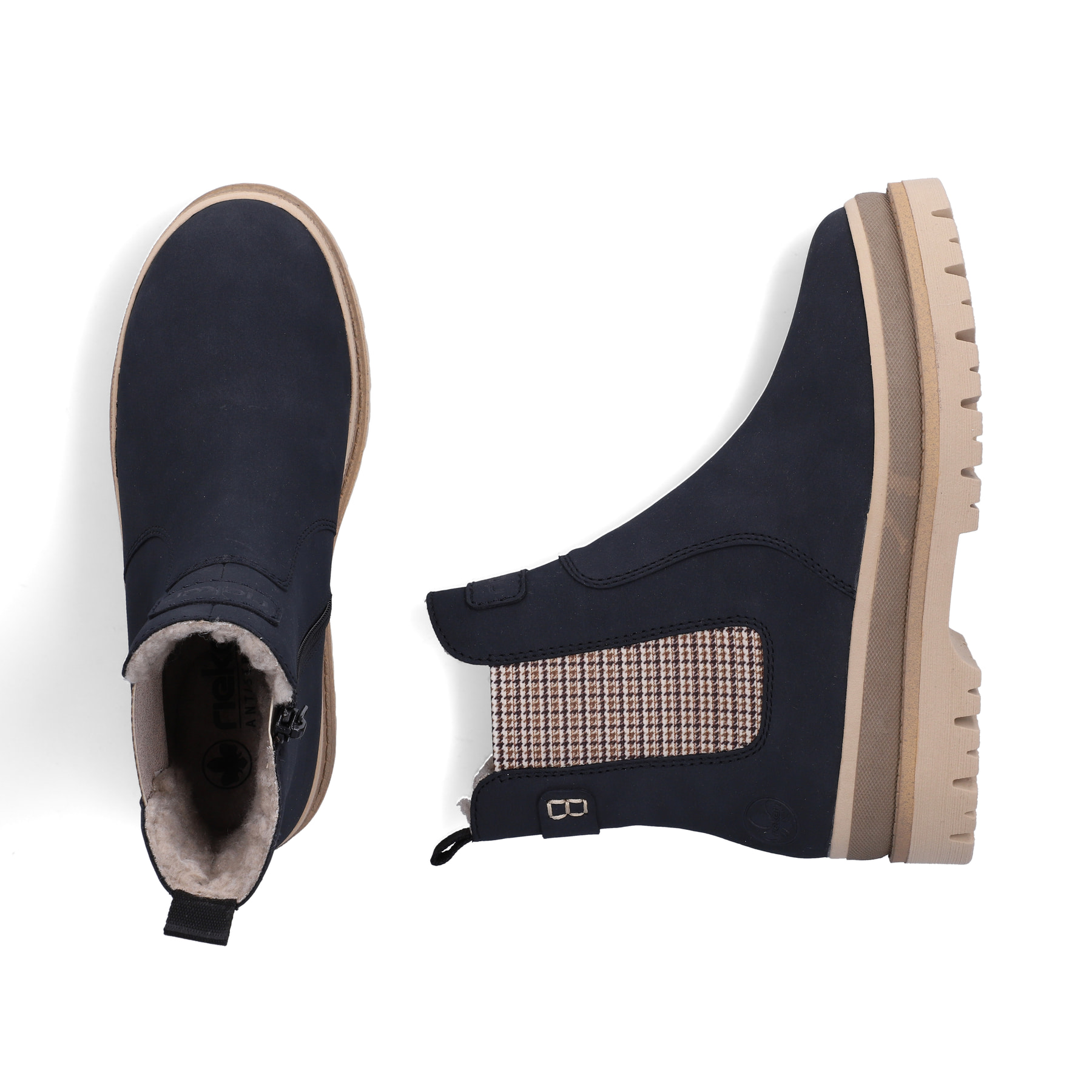 Dunkelblau-beige Rieker Damen Chelsea Boots Y6260-14 mit einem Reißverschluss. Schuh von oben, liegend.