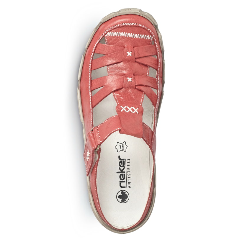 Rote Rieker Damen Clogs L0396-33 mit handgestickten Nähten sowie Klettverschluss. Schuh von oben.