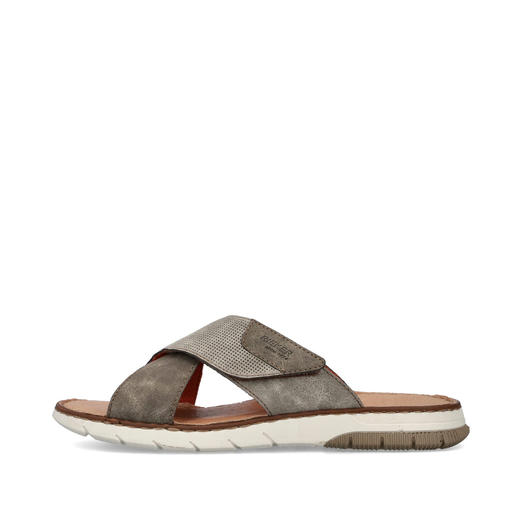 Braune Rieker Herren Pantoletten 25283-25 mit einem Klettverschluss. Schuh Außenseite.