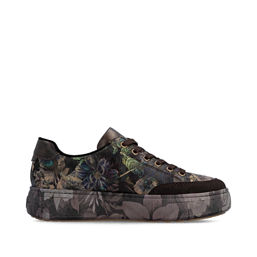 Dunkelbraun-schwarze Rieker Damen Sneaker Low M7711-26 mit floralem Aufdruck. Schuh Innenseite.