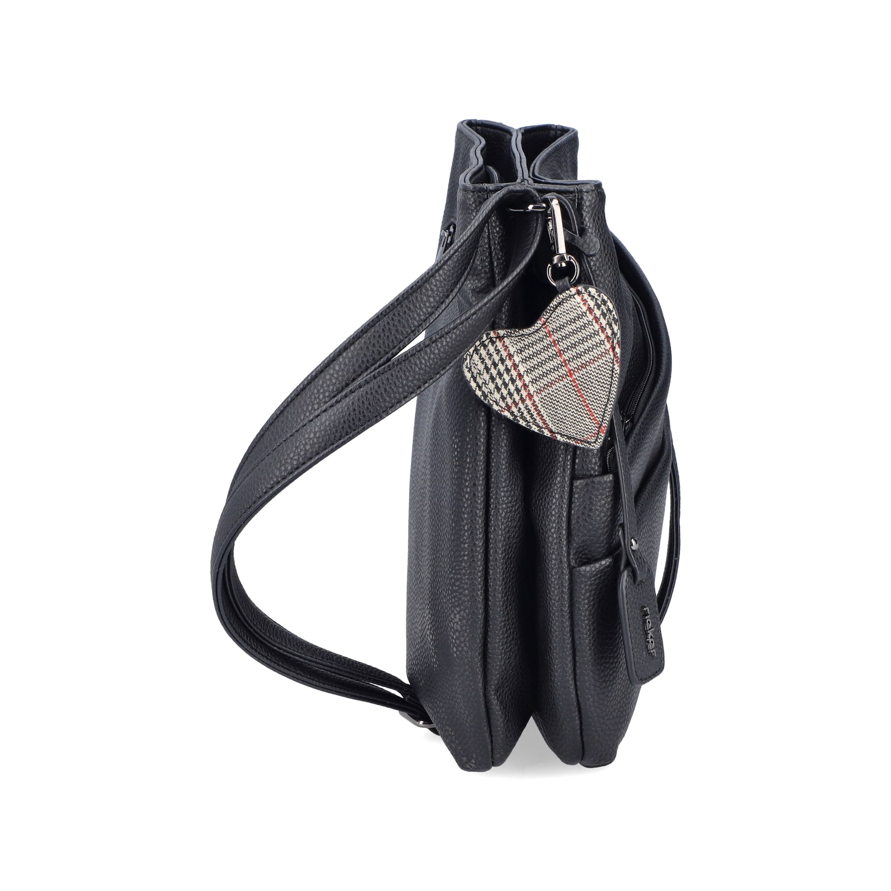 Sac bandoulière Rieker H1005-02 en noir avec fermeture éclair et pendentif en forme de cÅ“ur. Ouvert.