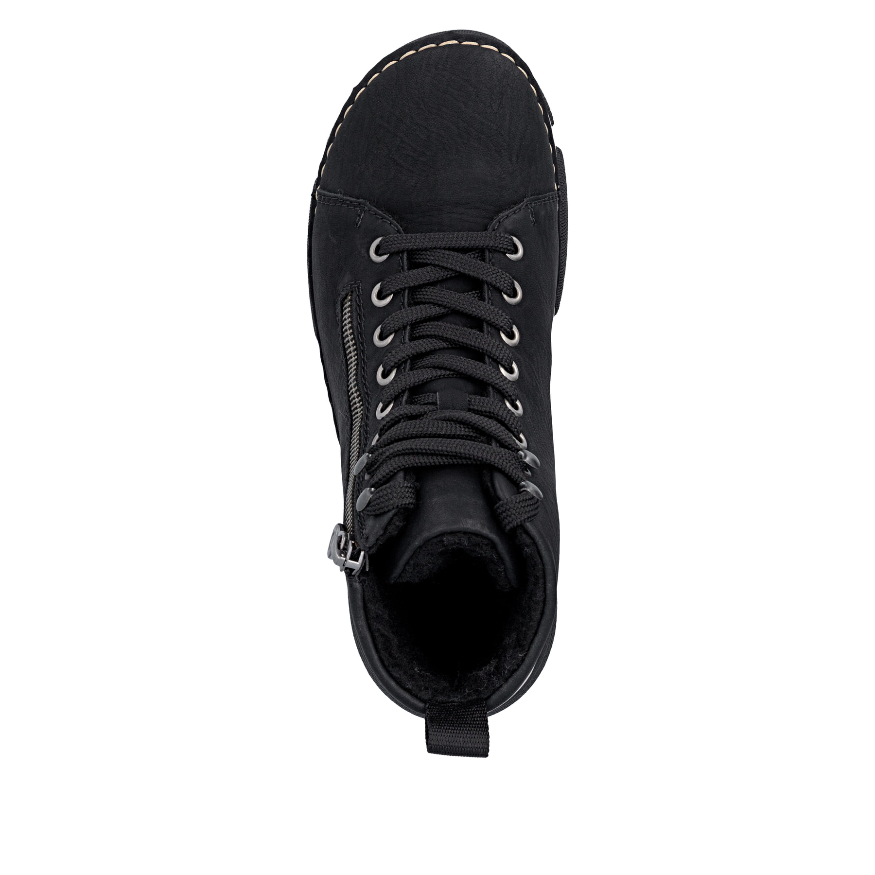 Schwarze Rieker Damen Schnürstiefel 45920-01 mit markanter Anflechter-Naht. Schuh von oben.