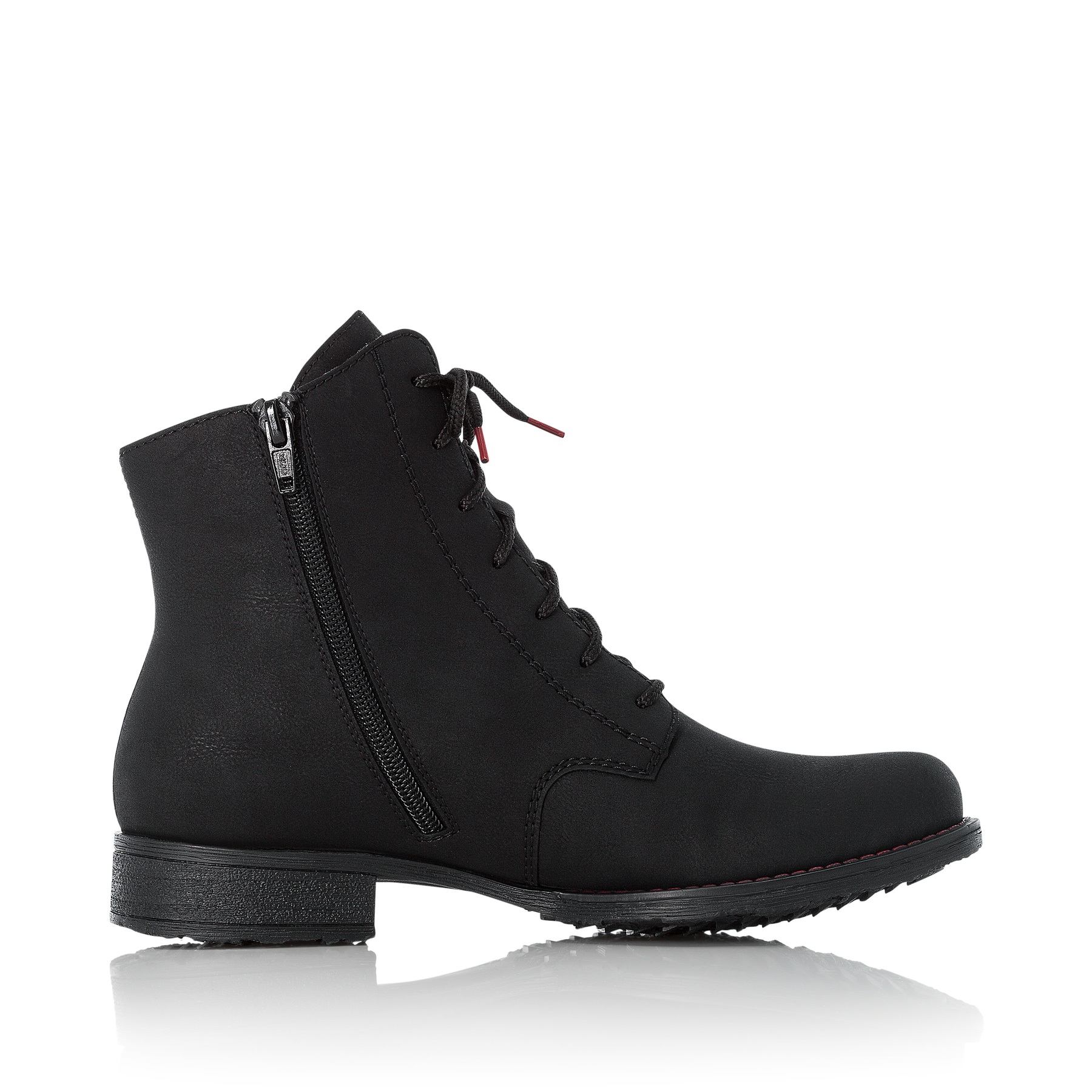 Graphitschwarze Rieker Damen Schnürstiefel 70821-00 mit Schnürung und Reißverschluss. Schuh Innenseite
