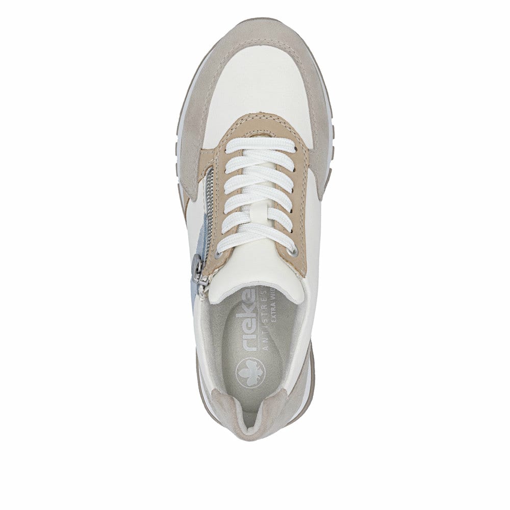 Weiße Rieker Damen Sneaker Low 49010-81 aus Rauleder mit einem Reißverschluss. Schuh von oben.