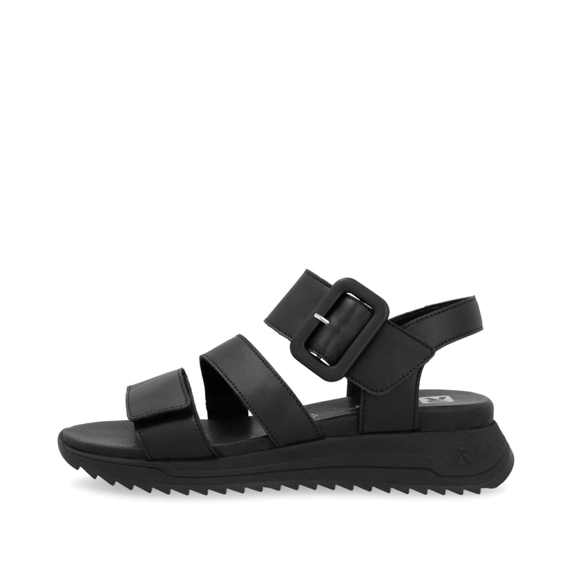 Schwarze Rieker Damen Riemchensandalen W2950-00 mit einem Klettverschluss. Schuh Außenseite.