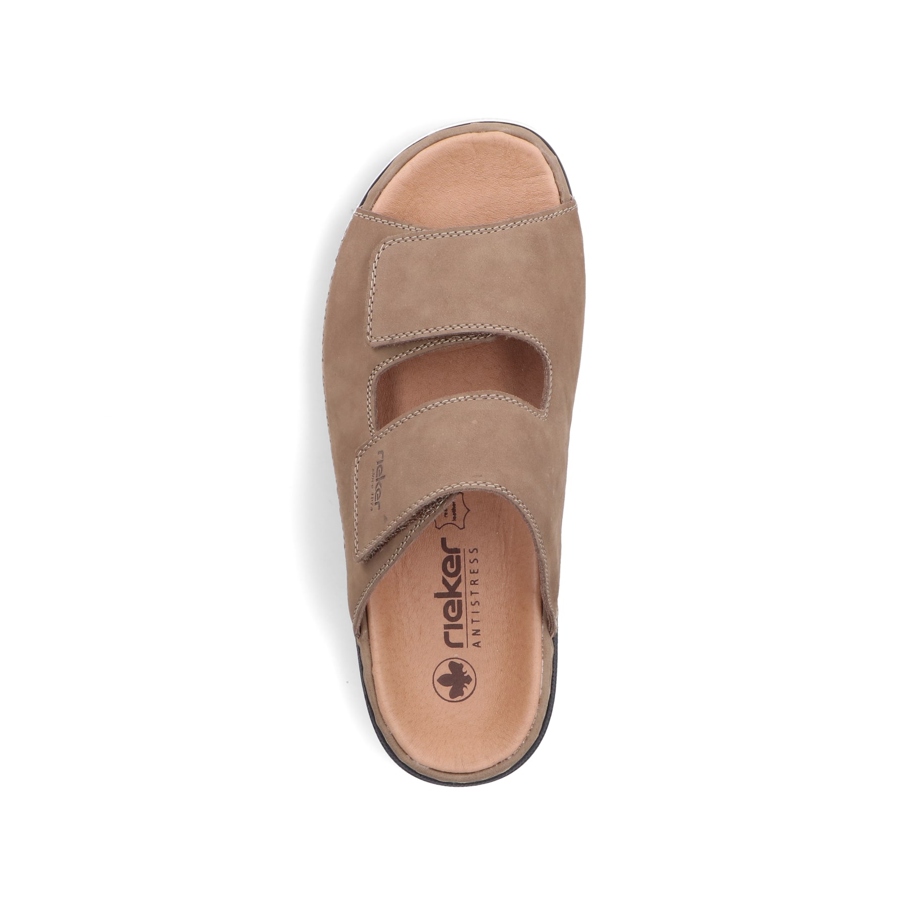 Champagnerfarbene Rieker Herren Pantoletten 25594-25 mit einem Klettverschluss. Schuh von oben.