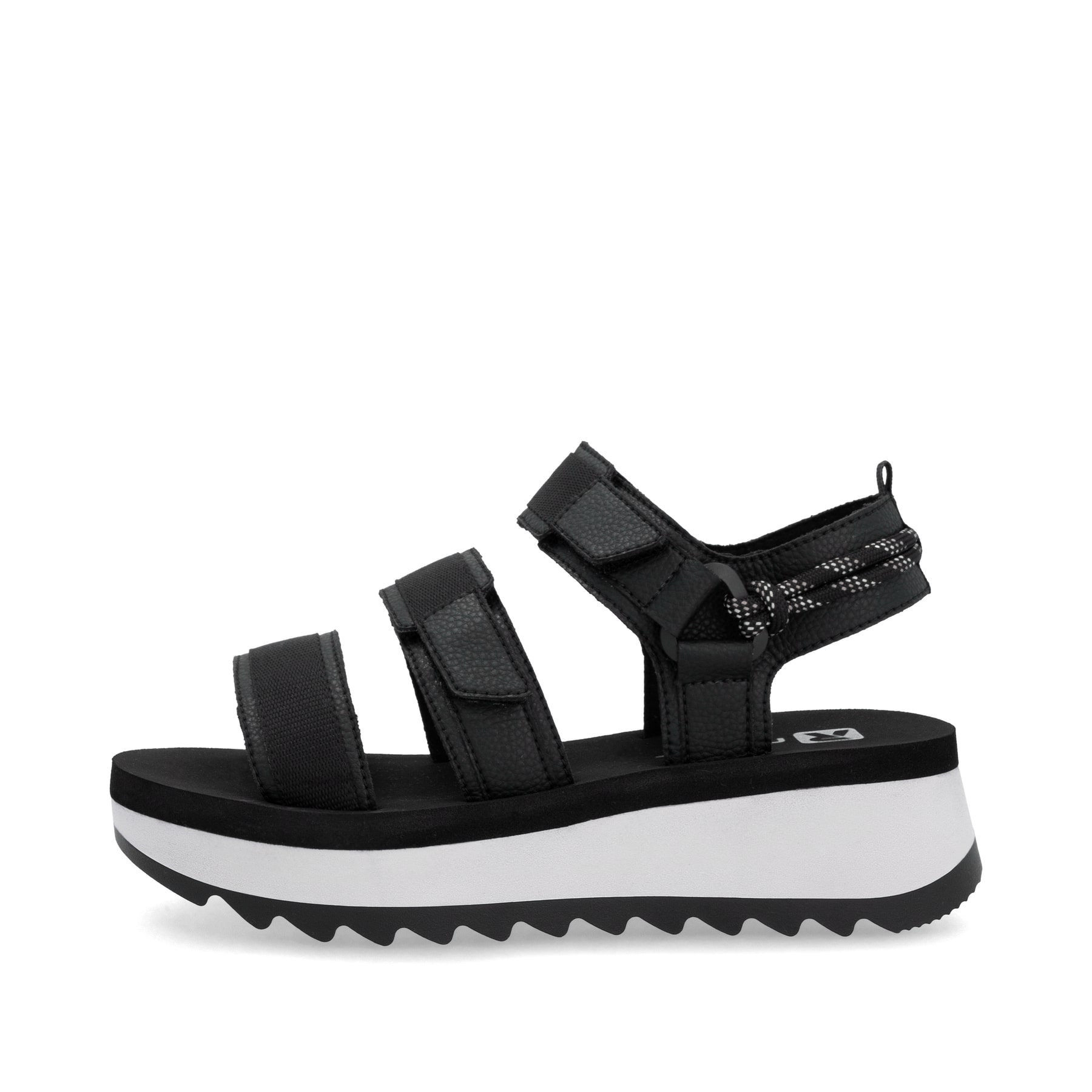 Schwarze Rieker Damen Riemchensandalen W3052-00 mit einem Klettverschluss. Schuh Außenseite.