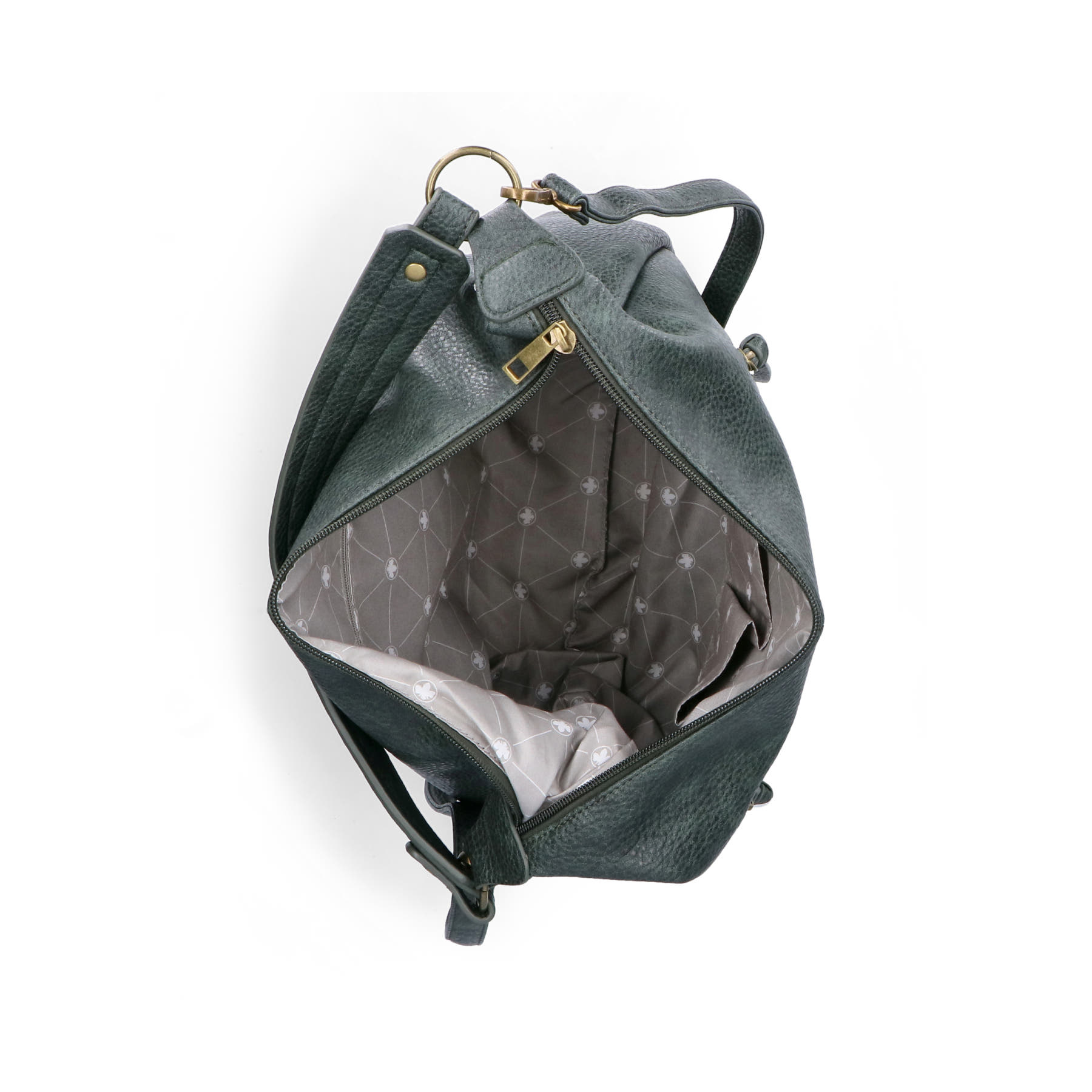 Sac bandoulière Rieker H1016-54 en vert avec fermeture éclair ainsi que poches extérieures et intérieures. Ouvert.